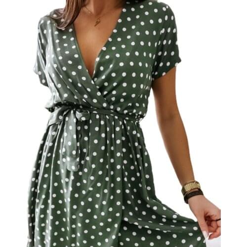 Womens Summer Fashion Mini Dress Short Sleeve V-Neck Ladies Polka Dot Dreeses Split Vestidos for Femela Boho Beach Holiday Dress
