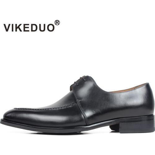 VIKEDUO Plain Black Square Toe Men Shoes Genuine Calf Leather Man Shoe Wedding Formal Dress Mans Footwear Handmade Derby Zapatos