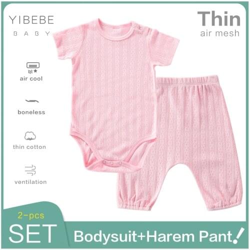 Baby clothing boy girl summer short sleeve bodysuit and Harem 2pcs set thin pajamas mesh eyelets cotton kid clothes 6m-48m