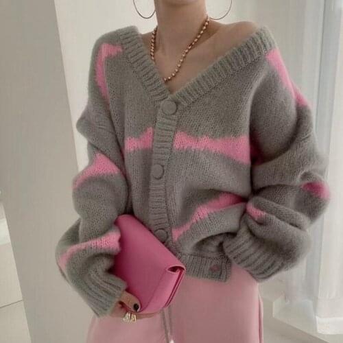 Autumn And Winter New Thick Knitted Cardigan Harajuku Style Womens Jacket Korean Fashion Long-sleeved Cardigan Simple Wm