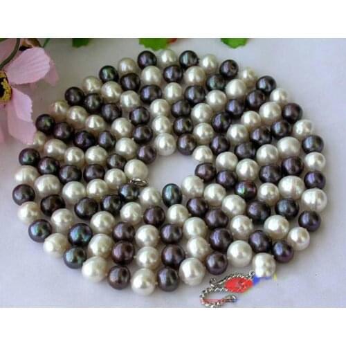 Unique Pearls jewellery Store 34'' 9mm White Black Round Freshwater Pearl Necklace Wedding Birthday Women Pearl Jewelry