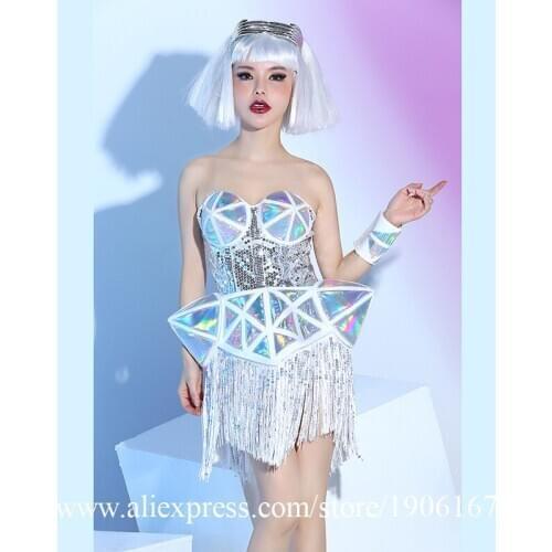 Catwalk Show Silver Color Sexy Lady Evening Dress Ballrooom Costume Clothing Party Halloween Performance DJ Singer Dance Outfit
