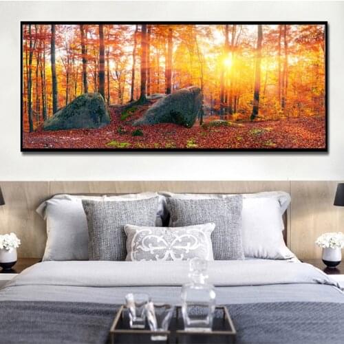 Modern Landscape Canvas Painting Autumn Maple Forest Sunrise For Living Room Decor Wall Pictures Paintings Poster and Prints Art