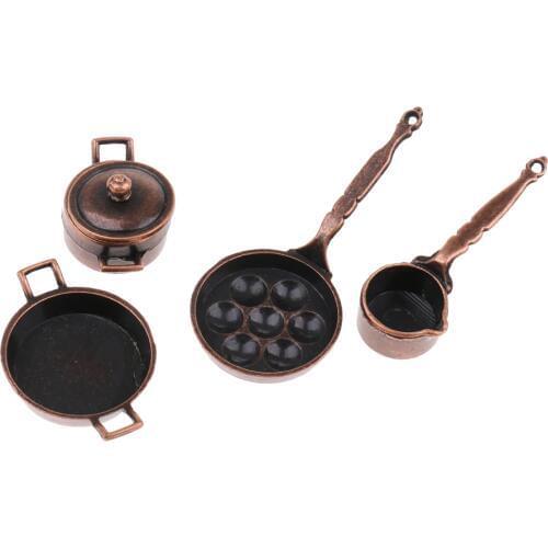 Vintage 5 Pieces Miniature Kitchenware Cookware Set Alloy Pots Pans for 1/12 Dollhouse Kitchen Decoration Accessories