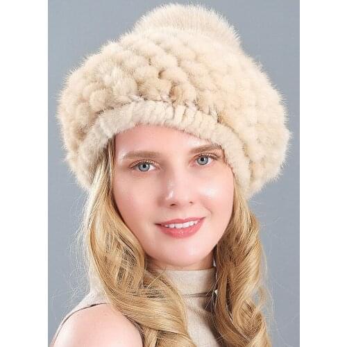 Real Mink Knitted Hat Warm Ear Protection British Fashion Beret Female Winter Fur Fox Fur Ball Hat Hot Selling Style