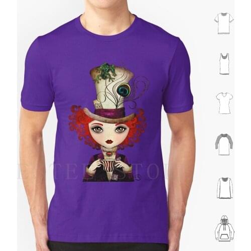 Lady Hatter T Shirt Print Cotton Alice In Curly Hair Fairy Tail Sandygrafik Hat Red Hair Tea Cup Tea Party Green Moss Top Hat