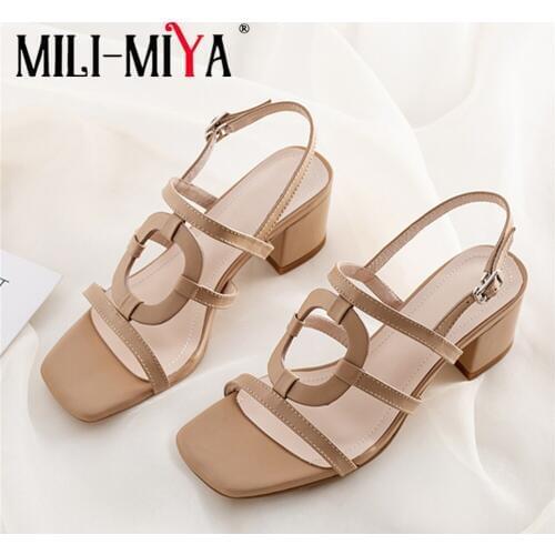 MILI-MIYA Fashion Street Women Full Genuine Leather Sandals Square Toe Buckle Strap Square Heels Dress Summer Shoes For Ladies