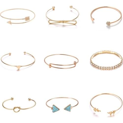 New Fashion Vintage Leaf Heart Bow Arrow Open Cuff Bracelets Bangles For Women Jewelry Gypsy Adjustable Bangles Bijoux Gift