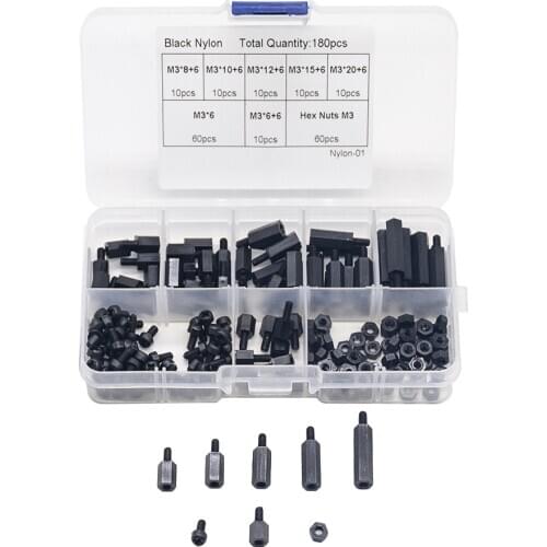 180pcs/box M3 Black/White Hex Nylon Standoff Spacer Column Flat Head Nylon Plastic Spacing Screws Nuts