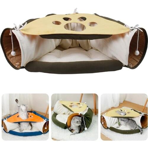2 in 1 Large Cat Tunnel With Cushion Funny Pet Toy 2 Holes Collapsible Kitten Toys Tunnel Tubes Cat Indoor Sports Play Balls