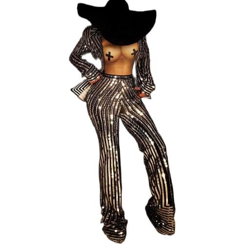 Sequins Striped Blazer High Waist Floor-Length Trousers Ladies Dance Costume Theatrical Costume For Women Shiny Costume
