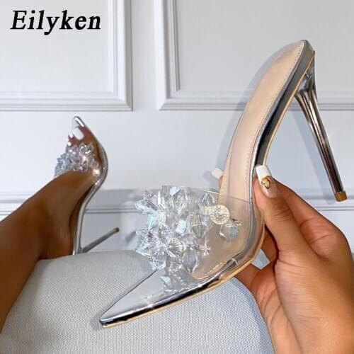Eilyken New Elegant Crystal PVC Women Slippers Sandals Summer Pointed Toe High Heels Sexy Slides Woman Party Shoes Pumps Silver