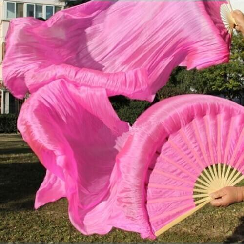 New Pink belly dance real silk fan veils 180x90cm size 1pair dancing pure silk fans (L+R) hand