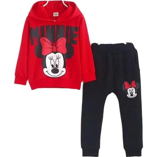 Disney 2pcs Baby Girls Kids Minnie Mouse Clothes Set Long Sleeve Hooded Coat Pants Oufits Clothes Set 2-7Y