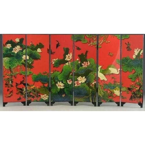 Beautiful Chinese Lacquer Handwork Old Crane Lotus Painting Screen Decor