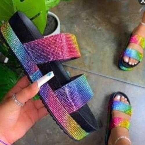 Summer Color Rhinestone Platform Slippers European And American Large Size Ladies Sandals And Slippers