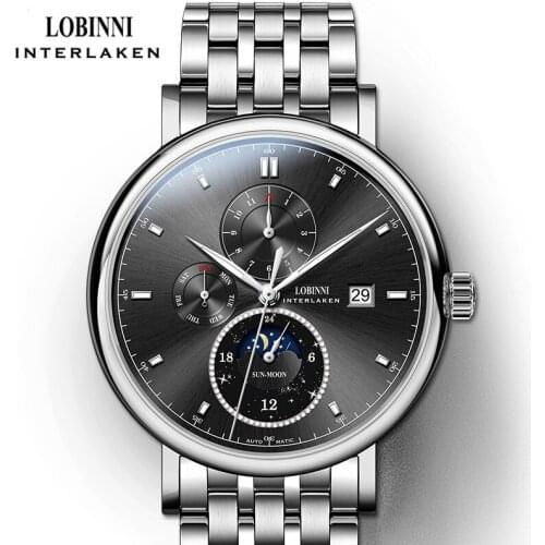 LOBINNI Moon Phase Seagull Movement Rose Gold Case Stainless Steel Strap Men Watch Luxury Automatic Self Wind Mechanical Watch