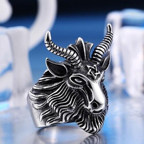 Fashion Pentagram Goat Head Ring Men Boys Stainless Steel Animal Biker Ring Cool Male Punk Gothic Jewelry Dropshipping Store