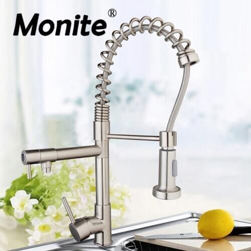 Monite Nickel Brushed Single Lever Pull Out Kitchen Faucet Deck Mounted Hot & Cold Water Kitchen Swivel Spout Mixer Tap