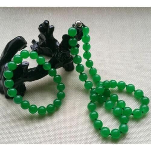 Fashion Beautiful 10mm Emerald Green Jade Gems Necklace Bracelet Set 18/7.5inch