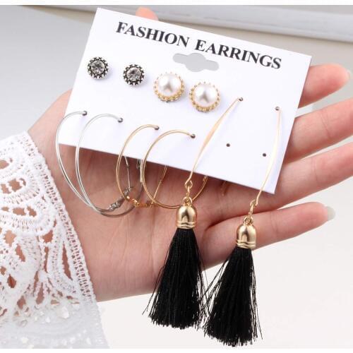 New Design Long Tassel Stud Earrings Set For Women Girl 2019 Bohemian Flower Heart Earring Fabric Female Fashion Jewelry