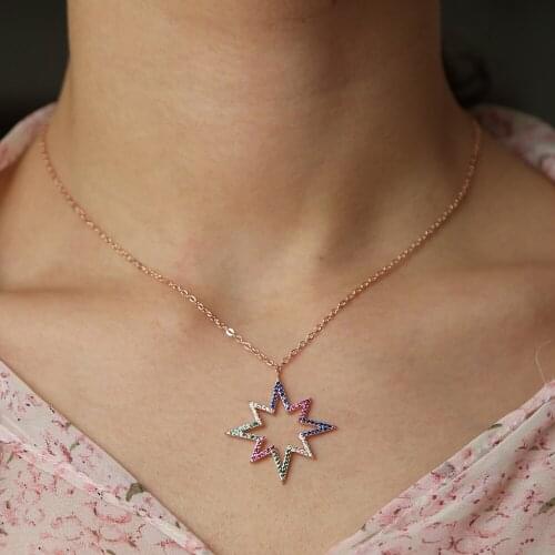 SUMMER new beach jewelry sun burst with colorful rainbow cubic zirconia mix color stone rose gold elegant summer necklace