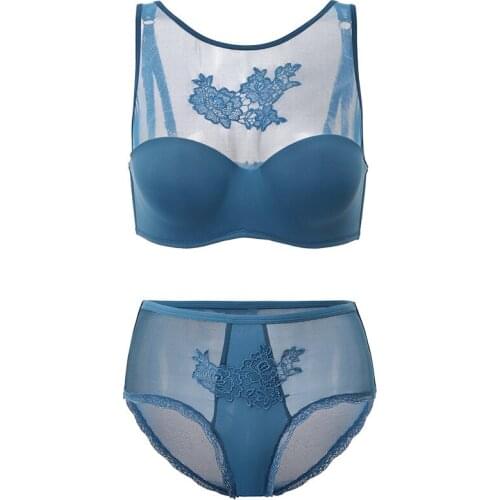 New sexy openwork mesh ladies bra with high-breasted embroidery anti-winding wrapped breastless lace bra set