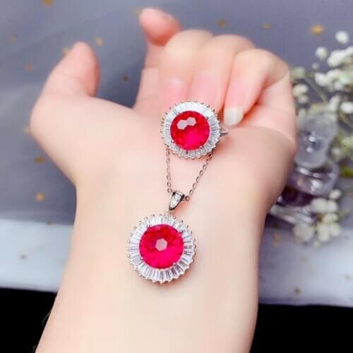 Charming red Ruby ring and necklace for women silver jewelry fireworks cut real round gem big size birthstone girl party gift