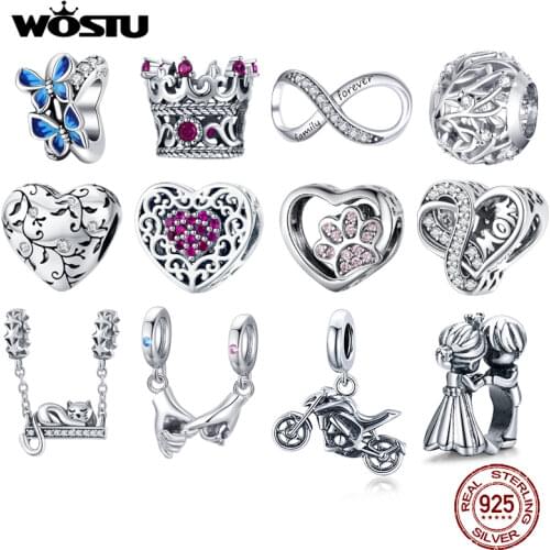 WOSTU Real 925 Sterling Silver Heart Beads Flower Retro Patterns Charms Pendant Fit Original Bracelet Silver 925 Jewelry CQC1323