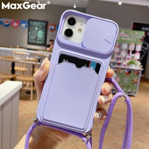 Strap Cord Lanyard+Camera Slide+Card Holder Case For iPhone 12 11 Pro Max XS X XR SE 2020 8 7 Plus 12 Mini Lens Protection Cover