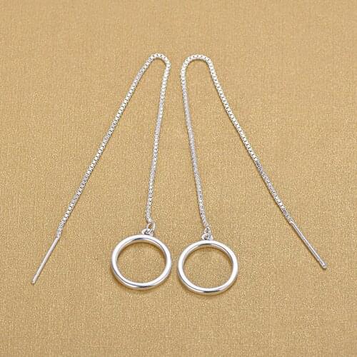 925 Sterling Silver Long Chain Earrings Simple Round Circle Silver Tassel Earrings