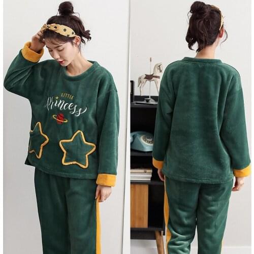 Warm Pajamas Womens Autumn Winter Flannel Pyjamas Women Round Neck Full Length Sleepwear Winter Pajamas Women Pj Set