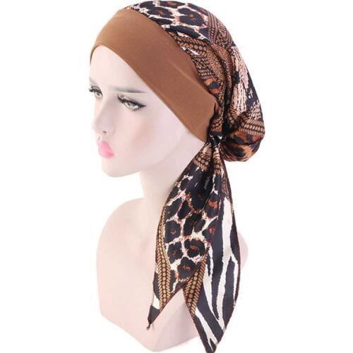Women Muslim Hat Turban Long Tail Leopard Hair band Headband Elastic Solid Hijabs Hats Female Casual Flower Printed Headscarf