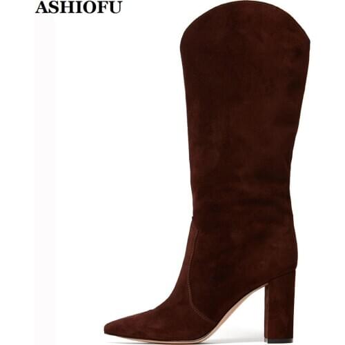 ASHIOFU Handmade New Ladies Chunky Heel Boots Arch-style Sexy Party Club Half Boots Mid-calf Kid-suede Evening Fashion Boots
