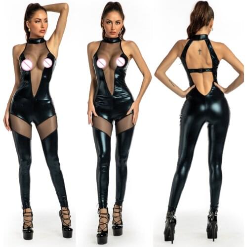 2021 Women Faux Leather Halter Bodysuit Haulage Motor Front Net Backless Sexy Jumpsuit Engine Stage Performance Game Uniform