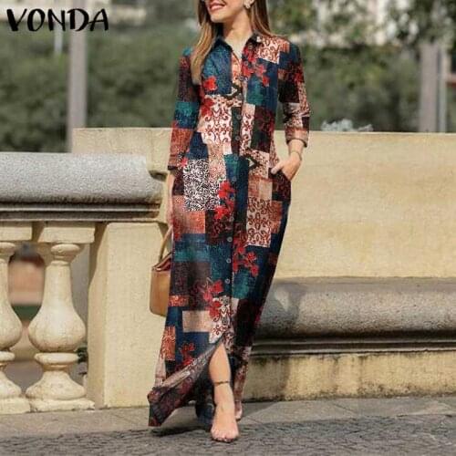 Women Elegant Shirt Dress Floral Printed Party Long Maxi Dress 2021 VONDA Casual Lapel Collar Button Up Vestido S- Long Robe