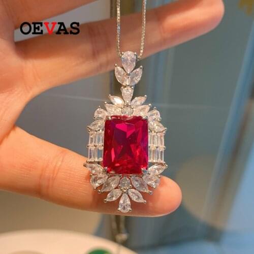 OEVAS 100% 925 Sterling Silver Ruby High Carbon Diamond Pendant Necklace For Women Sparkling Wedding Party Fine Jewelry Gift
