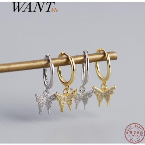 WANTME Genuine 925 Sterling Silver Romantic Cute Pave Zircon Butterfly Stud Sarrings for Women Bohemia Korean Insect Jewelry