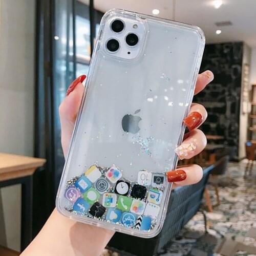 For iPhone 11 Pro Max Liquid Hard PC Clear Shell For iPhone 8 7 6s Plus X XR MAX Dynamic Quicksand Cover Cute app icon Case Capa