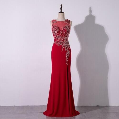 2020 Elegant Red Slit Long Evening Dress O Neck Crystals Beaded Mermaid Formal Evening Party Gowns Back See Through