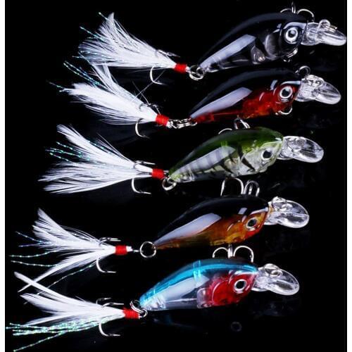 5pcs/lot 3.6cm 3.5g Artificial Colorful Fishing Lures Crank Baits Mini Crankbait With 3D Eyes and Feather