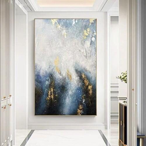 Handmade Abstract Oil Painting Wall Art Blue Gold Foil Minimalist Modern On Canvas Decorative For Living Room No Frame