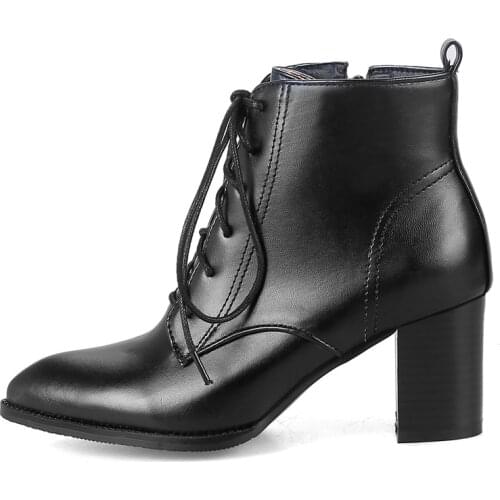 Fashion Ankle Boots For Women Pointed Toe Lace Up Autumn Spring Short Boots Female Thick Med Heel Casual Black Red Shoes Lady