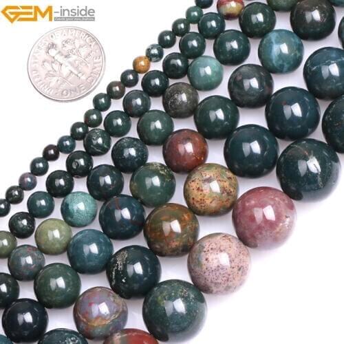 Gem-inside Natural Round Dark Green Blood Agate Stone Beads for Jewelry Making 15inches DIY Christmas Jewellery