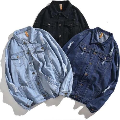 Denim Jacket Mens 2021 New Spring Autumn Outerwear Handsome Hole Fashion Coats Men Daily Casual Turn-down Collar Tops
