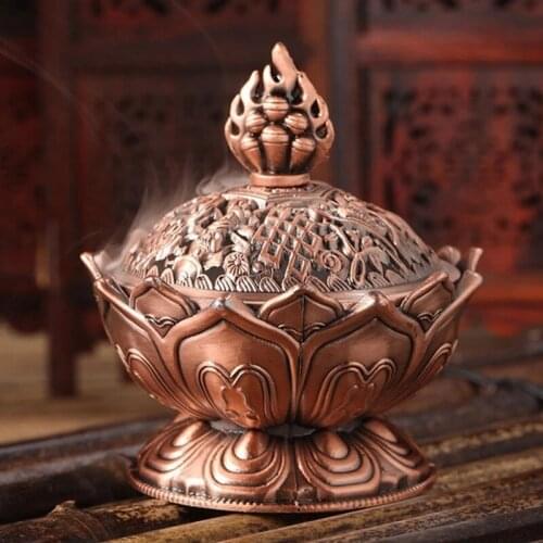 Holy Tibetan Lotus Designed Incense Burner Zinc Alloy Bronze Mini Incense Burner Incensory Metal Craft Home Decorate