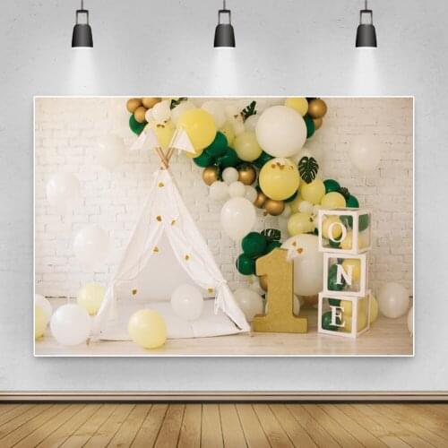 Laeacco Brick Wall Happy 1st Birthday Photo Backdrops For Baby Shower Balloons Camping Tent Photography Backgrounds Photozone