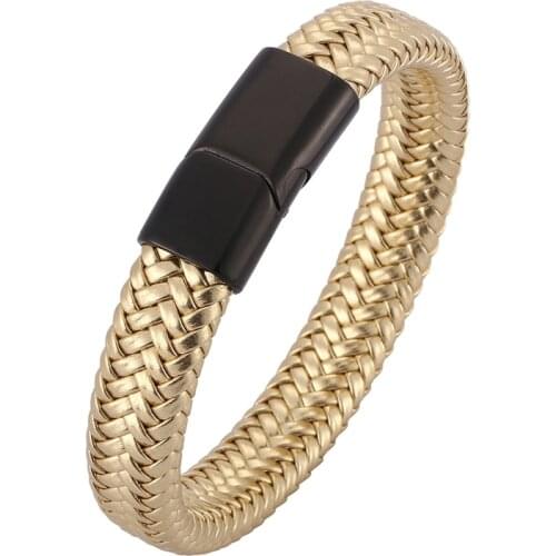 Men Jewelry Leather Bracelets Stainless Steel Magnet Buckle Bracelet Golden Rope Chain Fashion Wristband for Male Gift SP0516