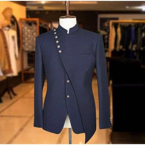 Costume Homme Navy Blue Slim Fit 2 Pieces Stand Collar Mens Suits Groom Prom Tuxedos Groomsmen Blazer For Wedding (Jacket+Pant)