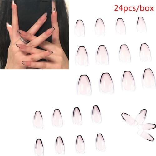 Black Border Wear Long False Nail Full Cover Wearable Coffin Fake Nail Matte Press on Nails Long False Nails French Tips